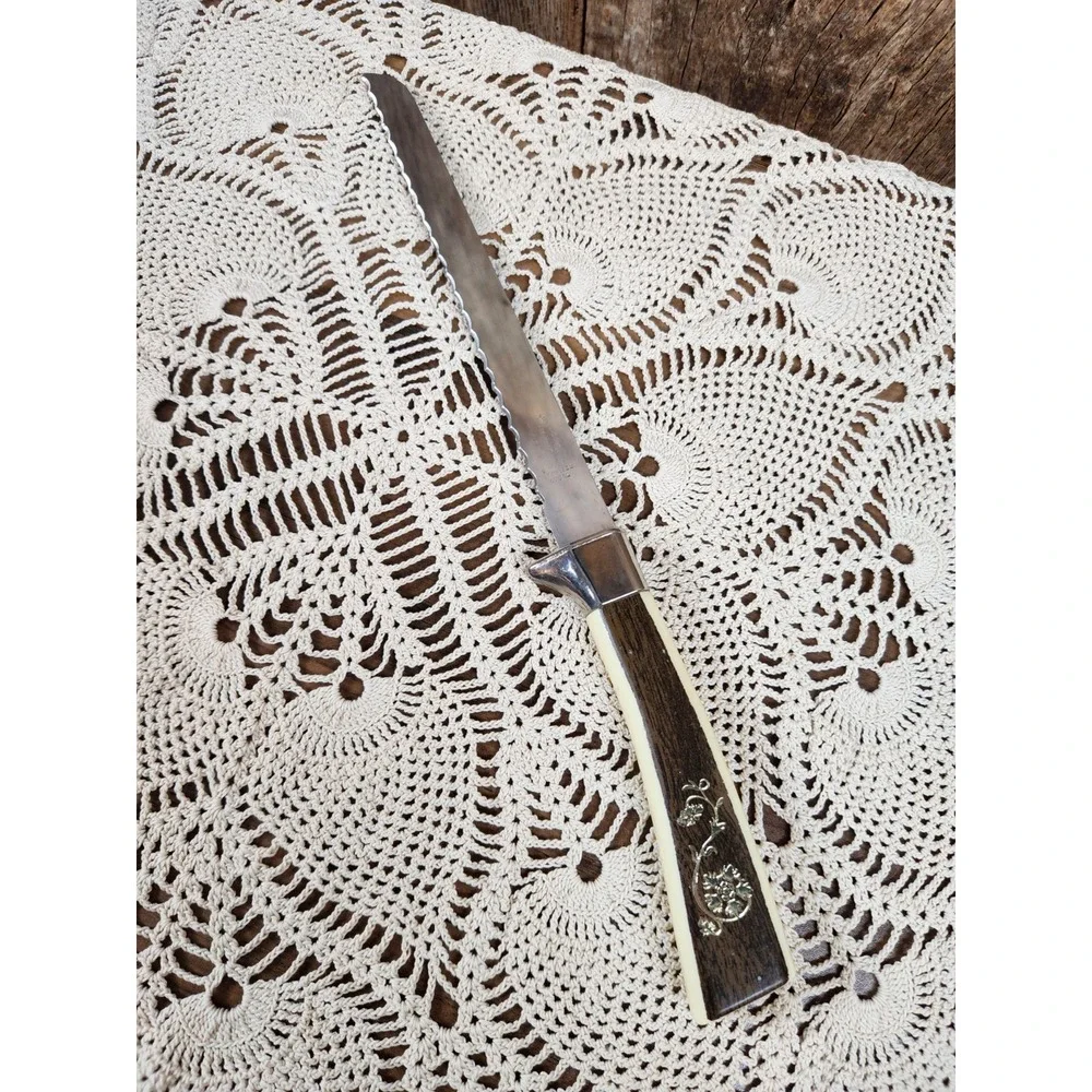 Vtg Regent Sheffield Serrated Slicing Knife MCM Faux Wood Gold Flower England
